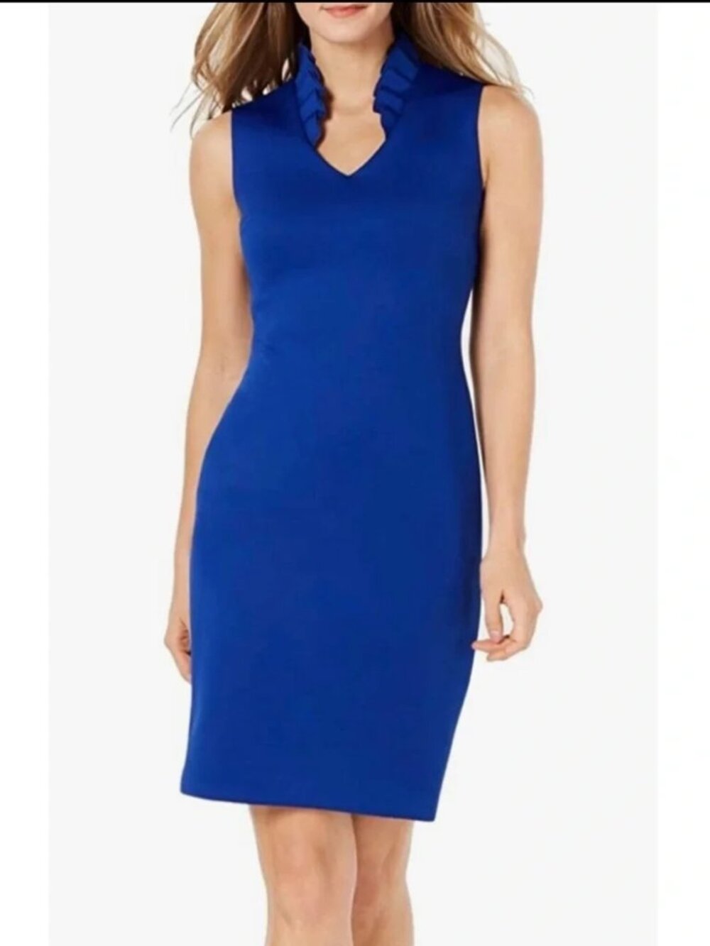 NWT CALVIN KLEIN Blue Ruffle Neckline Sheath Dress 4